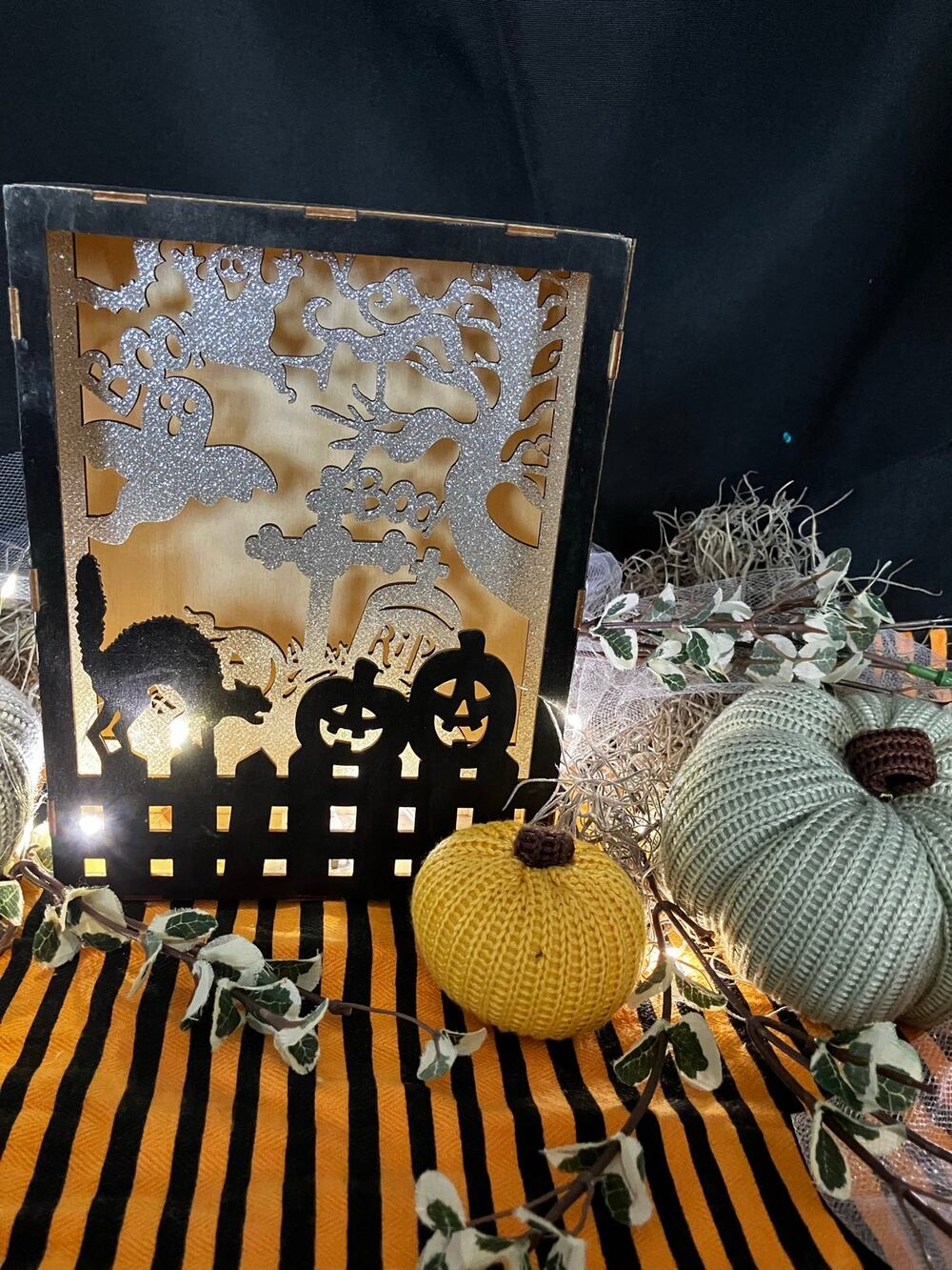 Halloween Tabletop Centerpiece Lighted Graveyard Knit Pumpkins Upcycled Decor